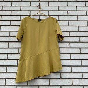 Eileen Fisher Sandwashed Tencel Asymmetrical Flounce Peplum Top XS Gold Fairy